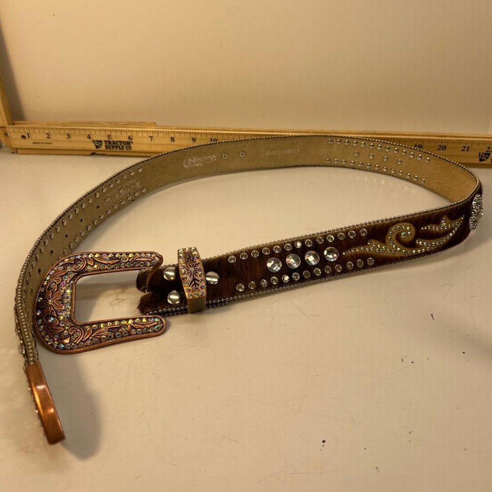 Women's Western Hair On Hide Leather Belt Rhinestone Copper Buckle Brown